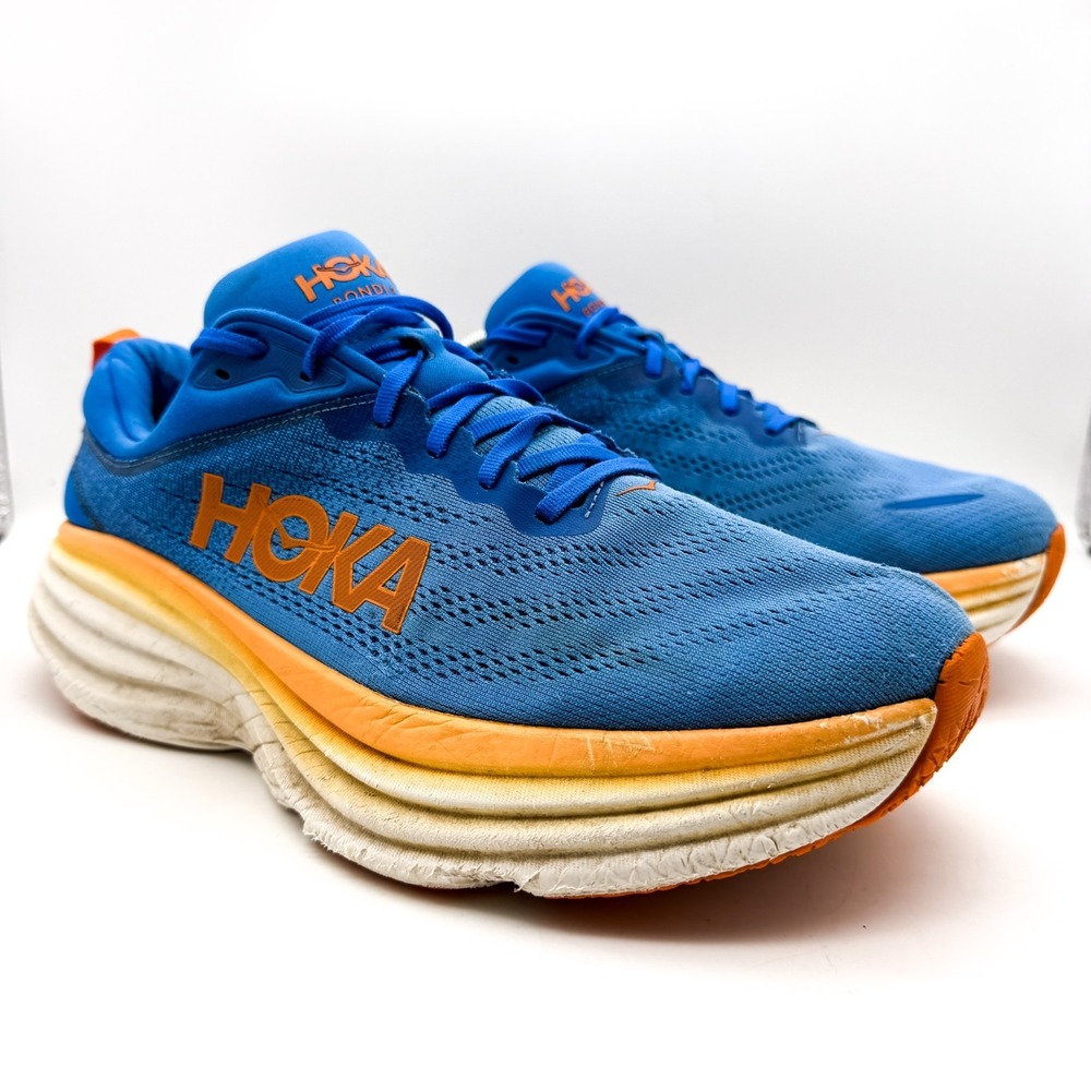 Hoka One One Bondi 8 Shoes Men Sz 12 EE Wide Coastal Sky Vibrant Orange Running